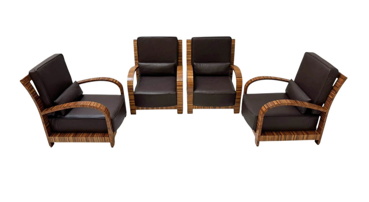 Four Art Deco Lounge Chairs with Leather Cushions France, 1930s